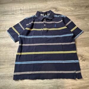 Starbury Polo Shirt‎ Mens Medium Navy Blue Striped Pique Cotton Short Sleeve y96